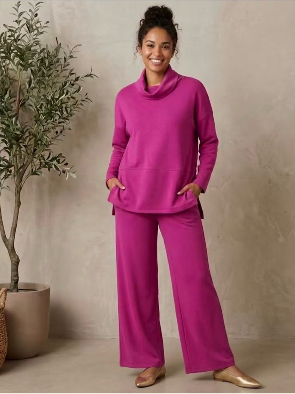 Women's Fuchsia Lounge Pantsuit Set - Cozy Cowl Neck Top & Wide-Leg Pants